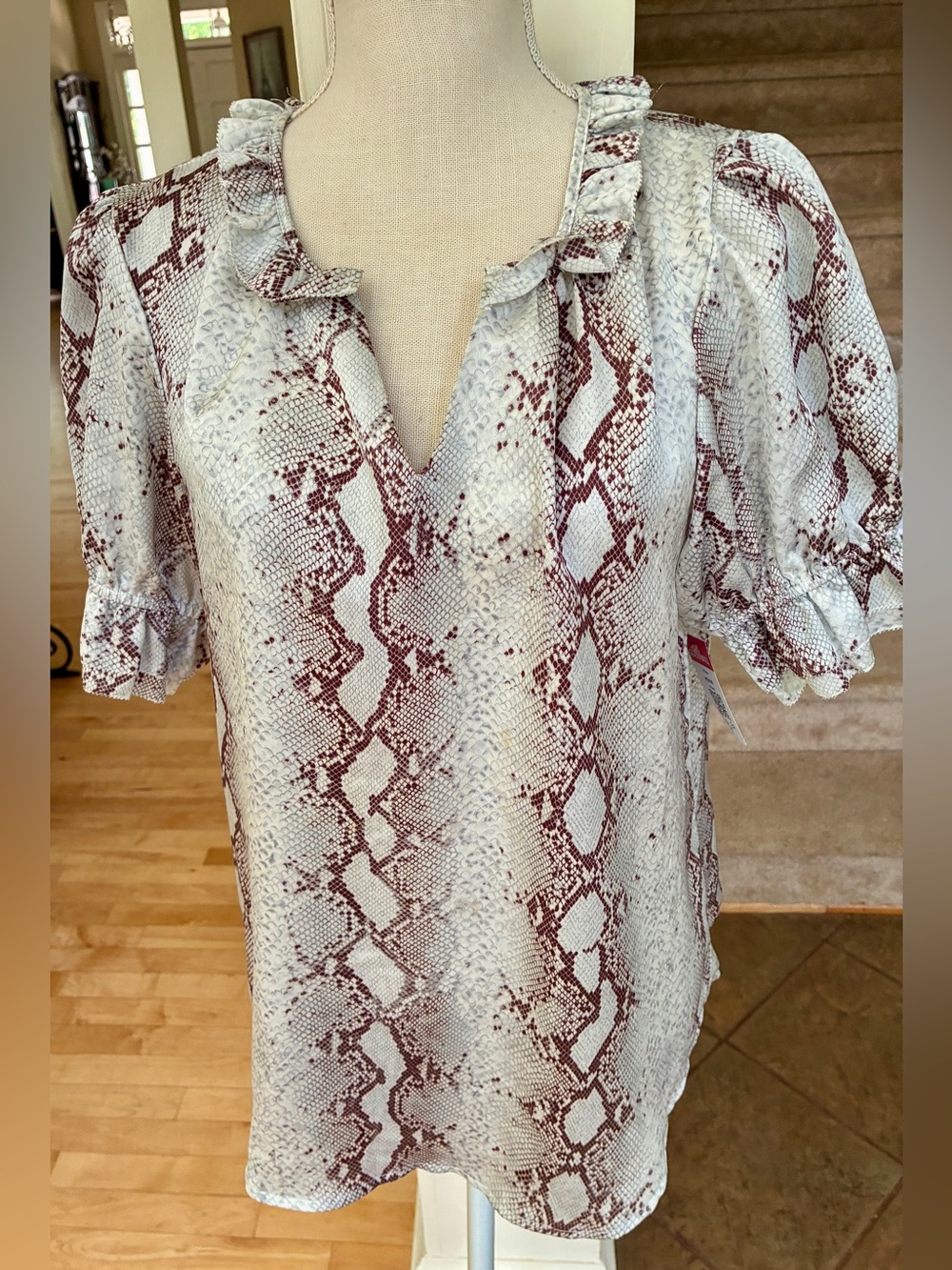 bishop + young Silver and Brown Snake Print Ruffle Neck Blouse